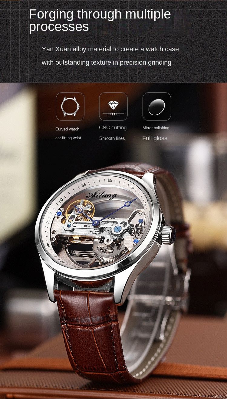 AILANG 2023 Orologio meccanico automatico trasparente cavo per uomo Orologio scheletrato con cinturino in pelle alla moda Orologi da uomo Reloj Hombre_voghion.com