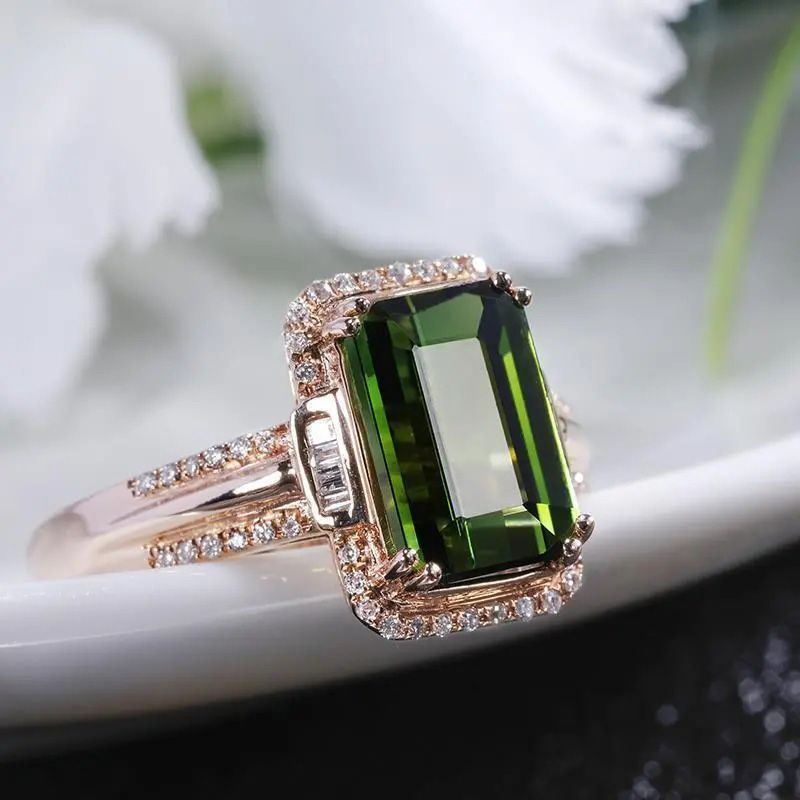 Natürlicher quadratischer grüner Turmalinring für Damen, luxuriöses Sterlingsilber mit Smaragd und Smaragd eingelegt, verstellbare Öffnung_voghion.com