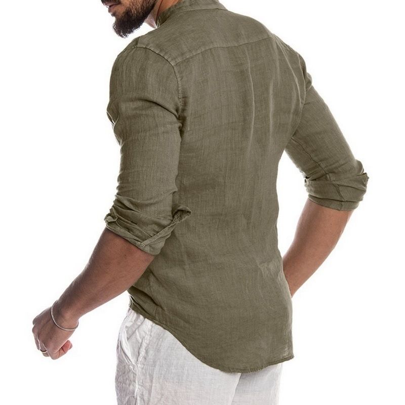 Spring New Men's European and American Solid Color Standing Collar Cardigan Casual Long Sleeved Shirt Men's Style_voghion.com