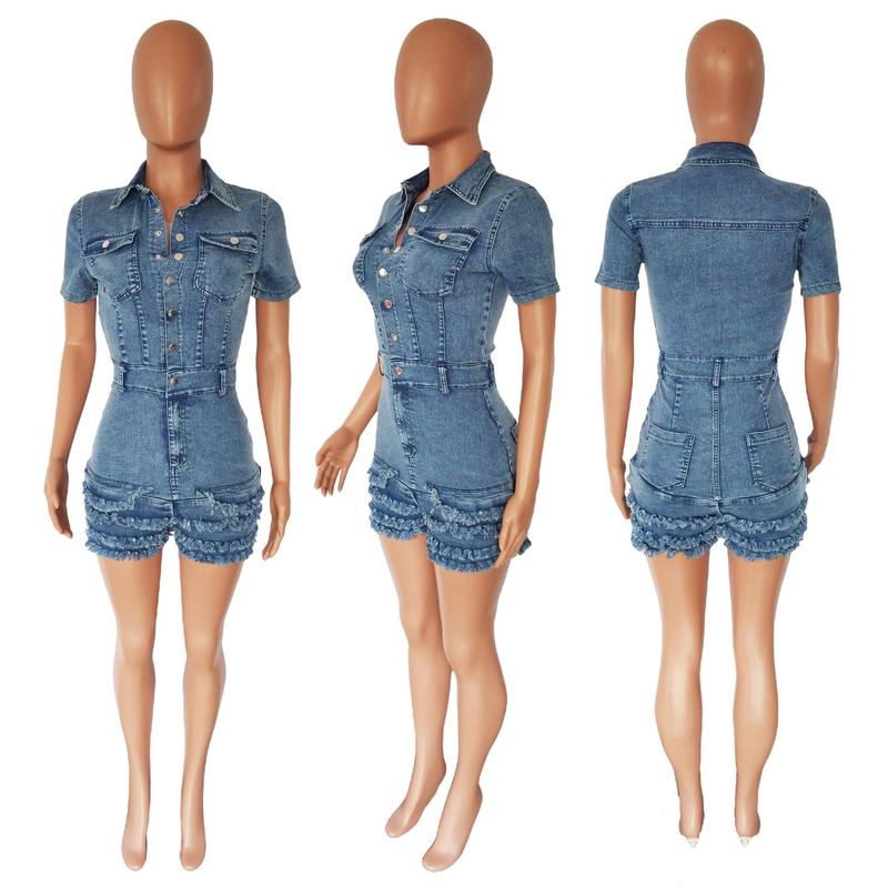 Damesmode slanke denim rompertjes met franje_voghion.com