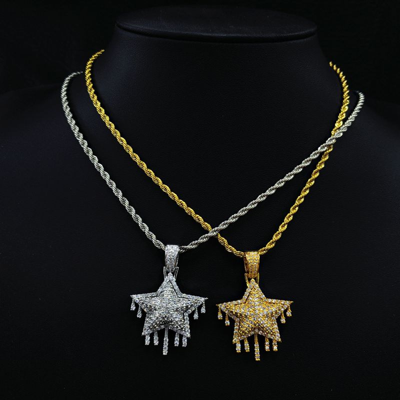 Hip Hop Full Zircon Five Point Star for Men Women's Fashion Versatile Necklace ins Style Small and Light Luxury Pendant_voghion.com