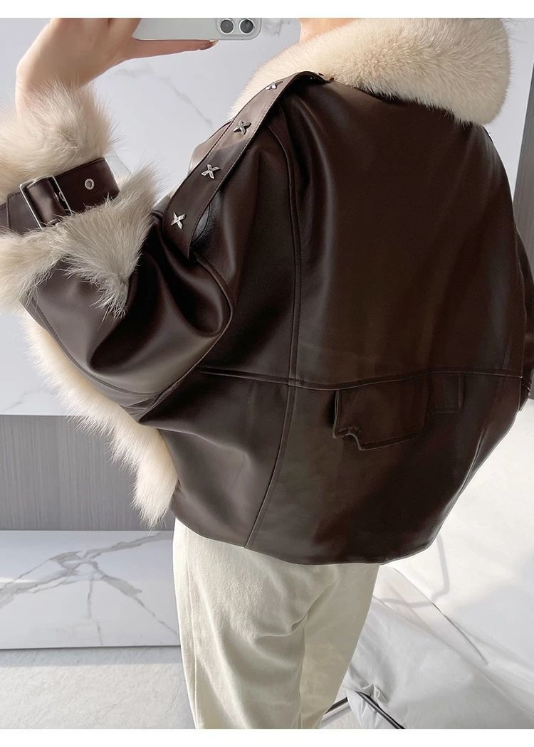Women's Fox Fur Patchwork Fur Motorcycle Vintage Loose Jacket_voghion.com