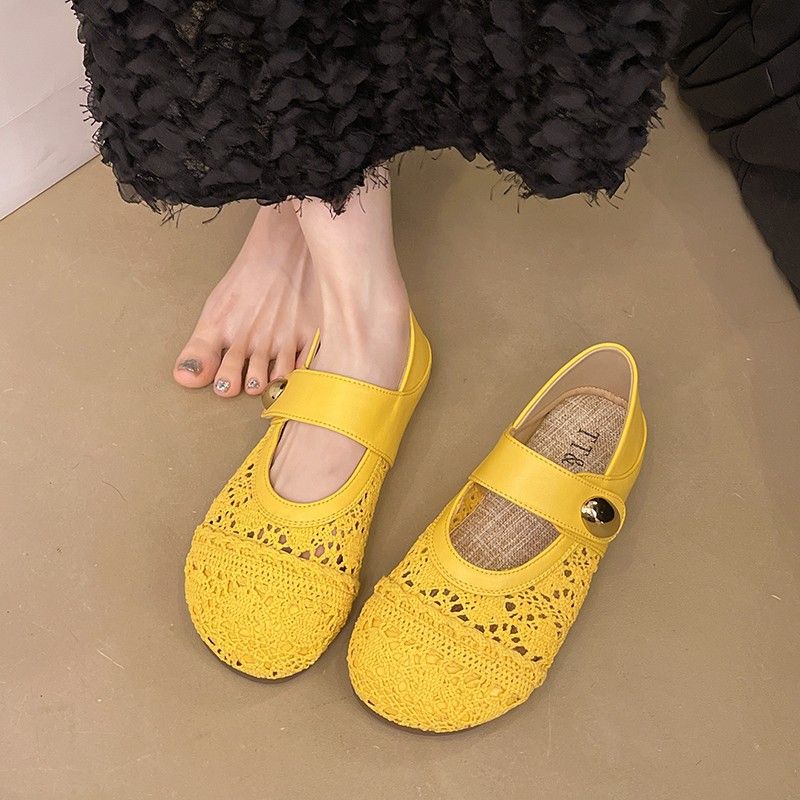 Thick-soled Inner Height-increasing Single Shoes Women's Woven One-pedal Velcro Mary Jane Shoes With Skirts Casual Shoes_voghion.com