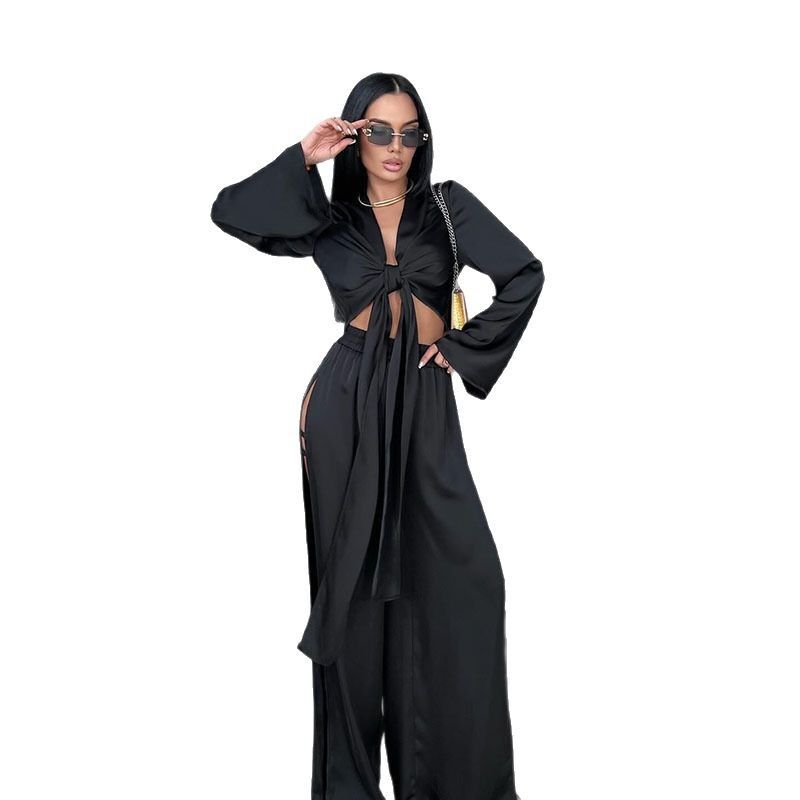 10756 Women's Fashion Sleeve Tie Short Top Hollow Out Split Long Pants Elegant Two-Piece Set_voghion.com