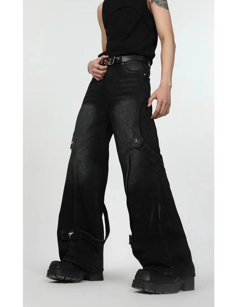 Jeans da uomo con cuciture decostruite, lavati, vintage, stile high street americano, con decorazione in metallo, gamba dritta_voghion.com