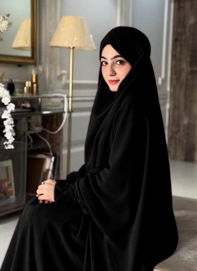 Muslimisches einfarbiges Gewand mit Glockenärmeln, zweiteiliges Set für Frauen mit großem Hijab und Rock P402_voghion.com