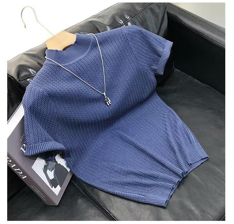 Herrenbekleidung High-End-Neuheiten für Frühling und Sommer, gestricktes kurzärmeliges T-Shirt mit halbhohem Kragen, schmales Innenoberteil, Herrenpullover, Unterhemd_voghion.com