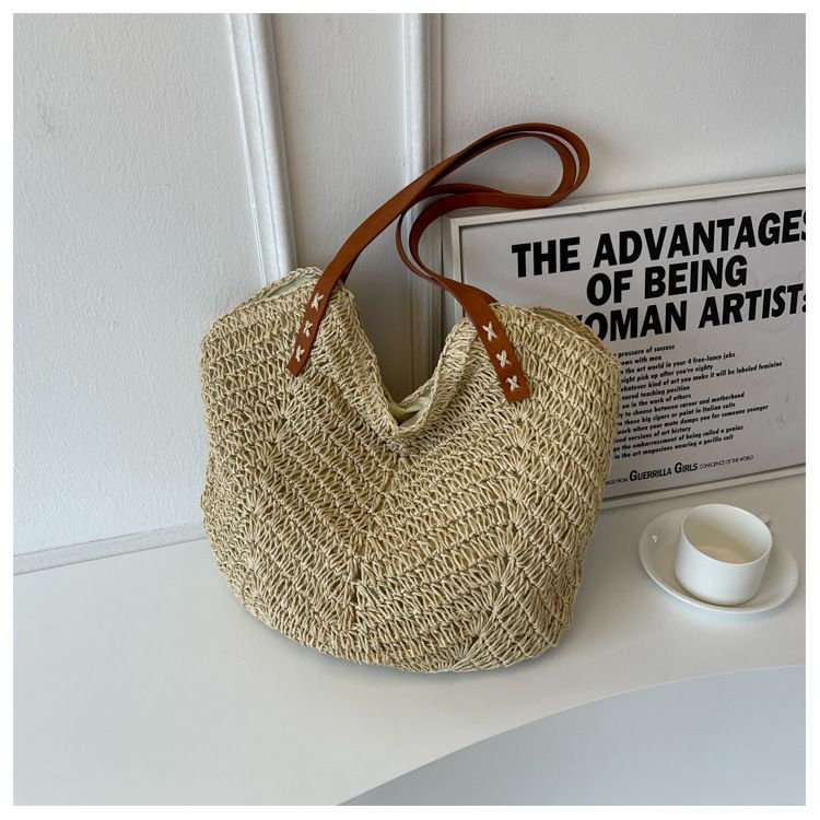 Borsa di paglia Borsa intrecciata Borsa di paglia intrecciata Mori Borsa da spiaggia per donna Borsa da spiaggia intrecciata Borsa a tracolla singola di grande capacità_voghion.com