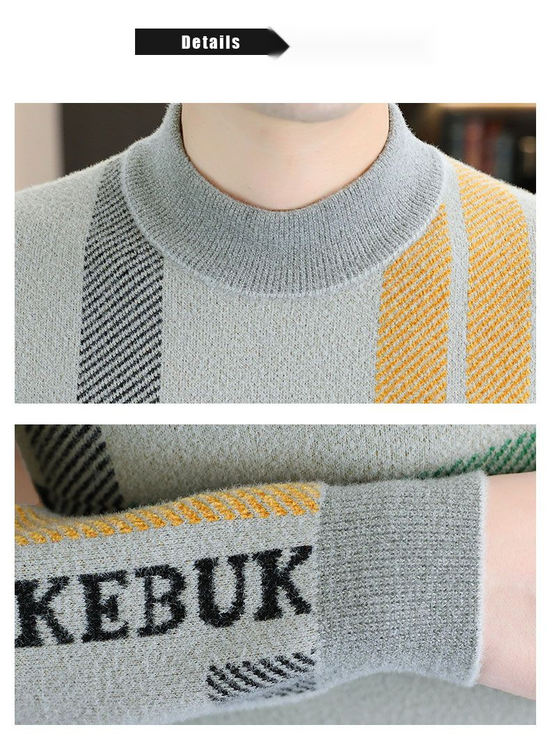 Mid neck sweater for men in autumn and winter, half high neck bottom shirt, striped jacquard high-end knitwear, new_voghion.com