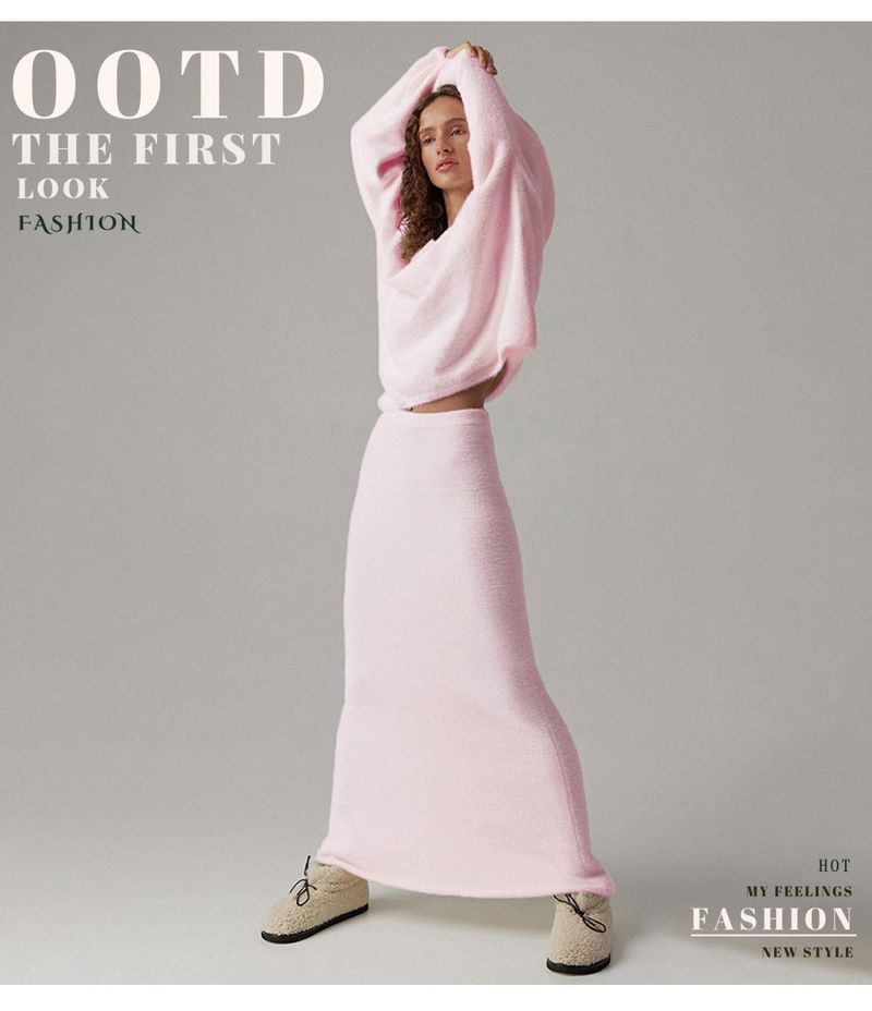 Mink Fur For Women, Autumn And Winter Commuting Simple Knitted V-neck Sweater + Skirt Set Wrinkle Outfit_voghion.com