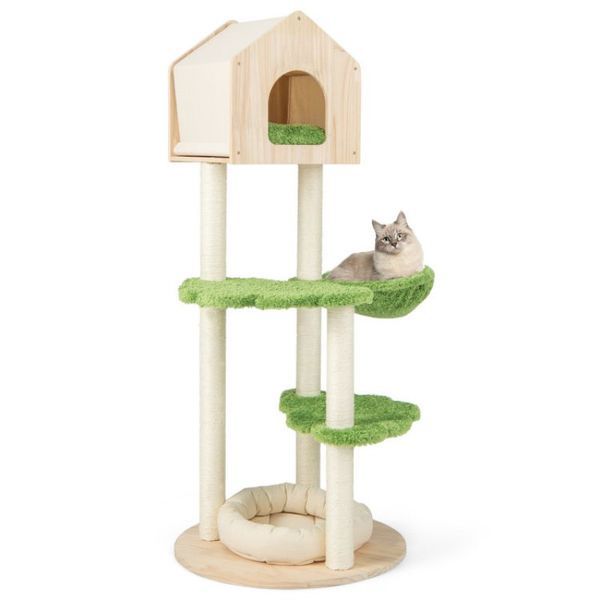 55 Inch Tall Cat Climbing Stand With Sisal Scratching Posts And Soft Cat Bed For Indoor Kittens_voghion.com