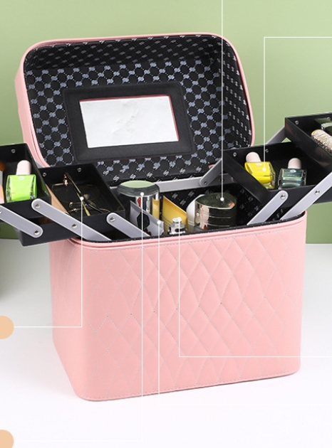 Große Kapazität Make-up-Box tragbare Griff vier offen mit Spiegel Schönheit Werkzeugkasten Netz rot multifunktionale Aufbewahrungstasche_voghion.com