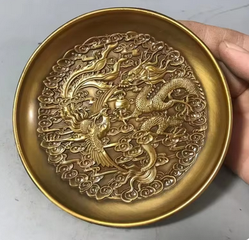 Antico piatto in rame puro Qianlong Royal Gift Dragon e Phoenix Prosperità portata dal piatto Dragon e Phoenix Back Boy_voghion.com