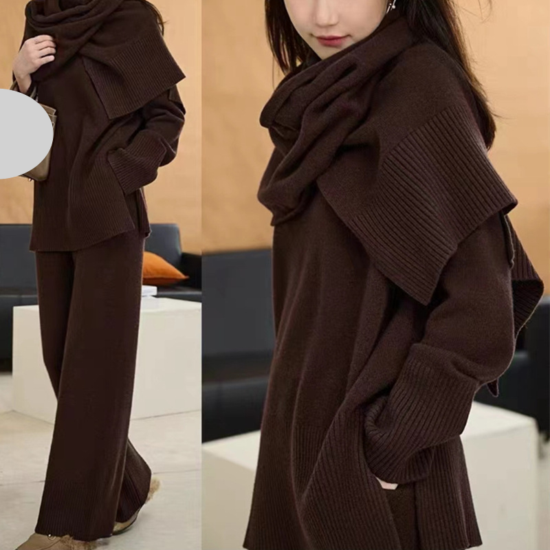 Kadın Giyim Sonbahar Ve Kış Yeni Eşarp Üst Pantolon Üç Parça Set Gevşek Tembel Stil İnce Kazak Örme Kazak Geniş Paça Pantolon_voghion.com