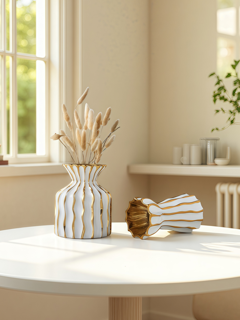 1 Stück leichte, luxuriöse Keramikvase im Goldstreifen-Design, klein, frischer Stil, kann mit Wasser gefüllt werden, Vase für mehrere Szenen, Ornamentvase_voghion.com