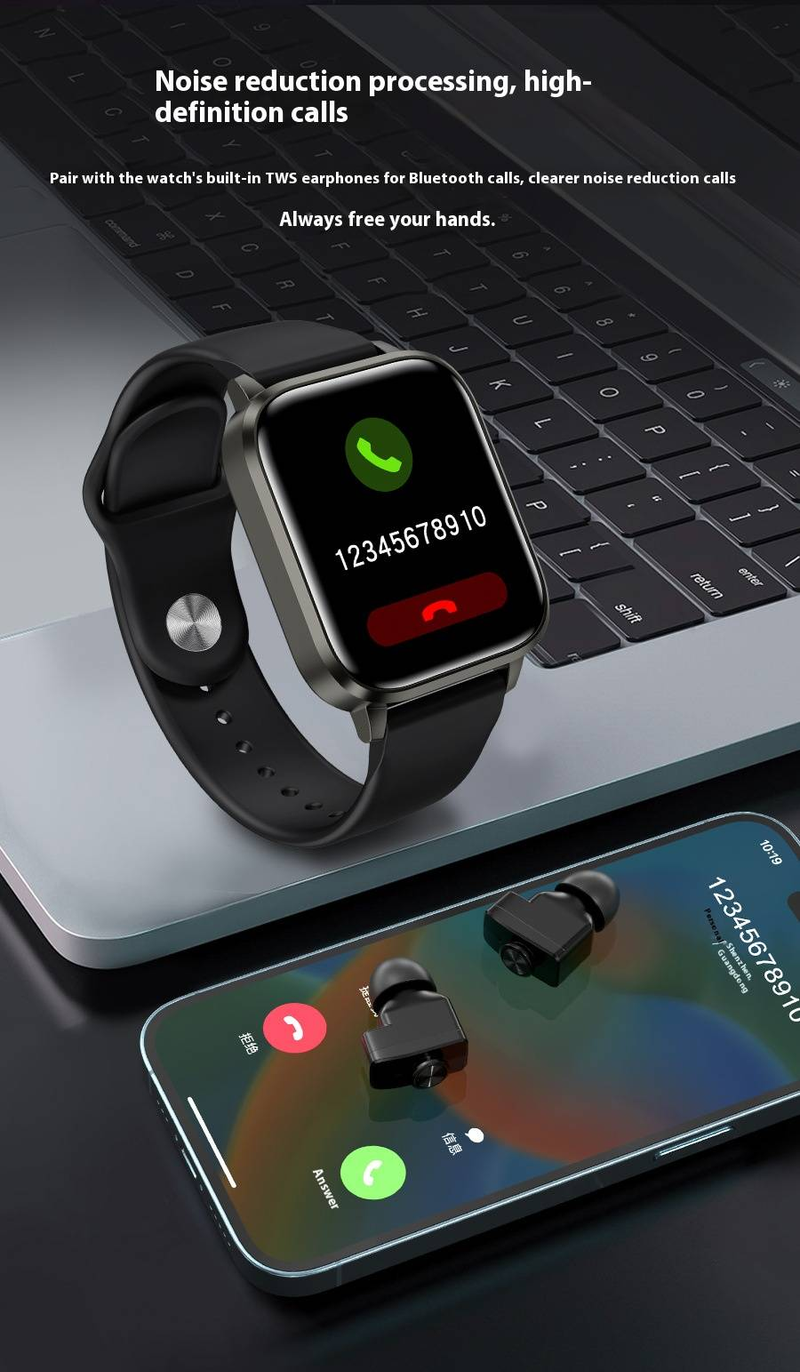 Smartwatch met Bluetooth-oordopjes, fitnesstracker, hartslagmeter, slaapregistratie, muziek en oproepen, IPX5-waterdicht, batterijduur van 7 dagen_voghion.com