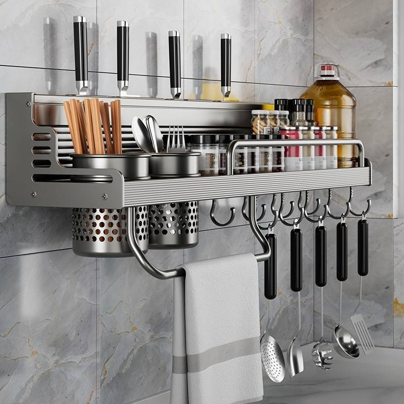 Space Aluminum Wall-Mounted Kitchen Organizer - No Drill Hooks, Multi-Functional Knife & Chopstick Holder, Spice Rack With Adhesive For Modern Home_voghion.com