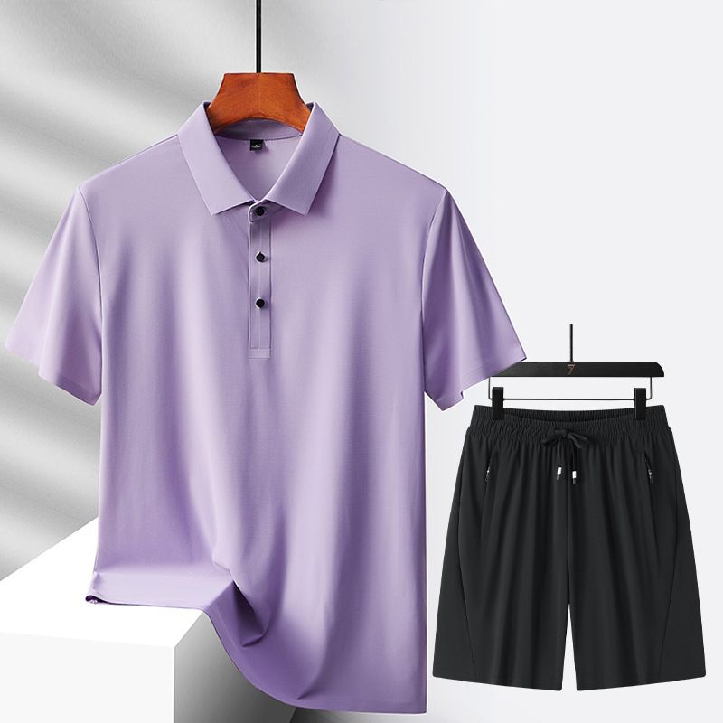 CT 2025 Novo Conjunto de Camiseta e Shorts Sem Costura de Seda Gelada para Homens, Cor Sólida, Polo Simples, Verão, Manga Curta Masculina_voghion.com