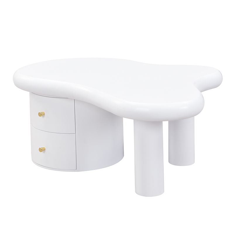 Table basse blanche moderne de forme irrégulière avec 2 tiroirs, design compact et élégant, robuste et pratique pour le salon et une utilisation polyvalente._voghion.com