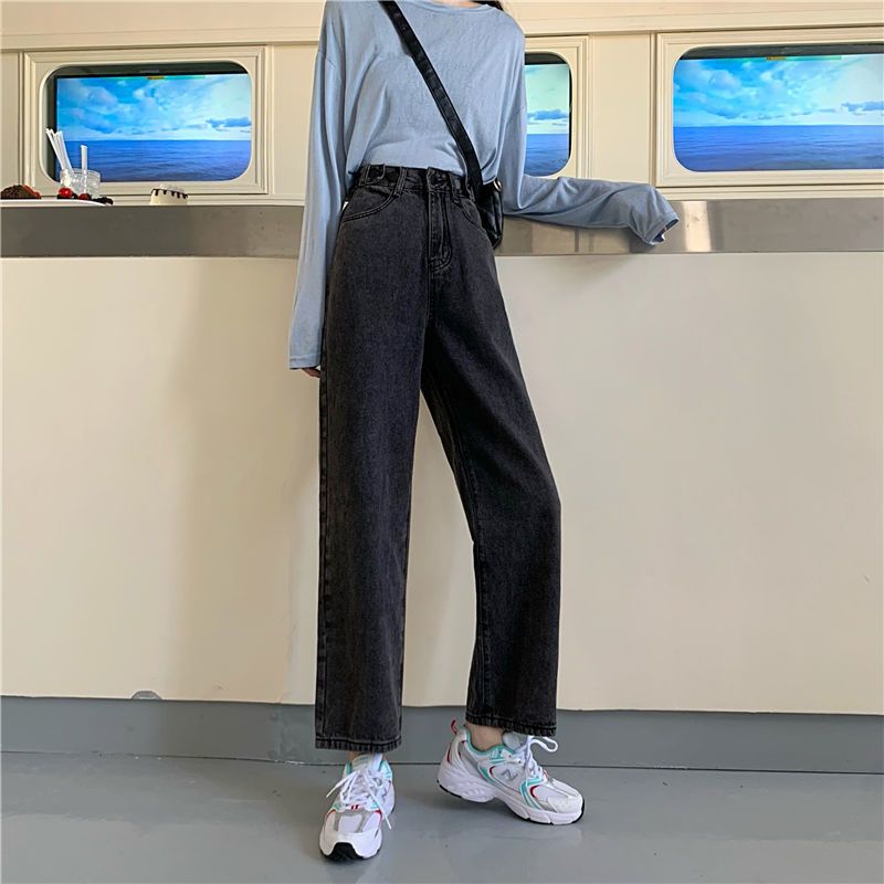 Jeans a vita alta larghi e dritti da donna in stile Hong Kong, statura bassa per i padri, sottili, gambe larghe, lunghi_voghion.com