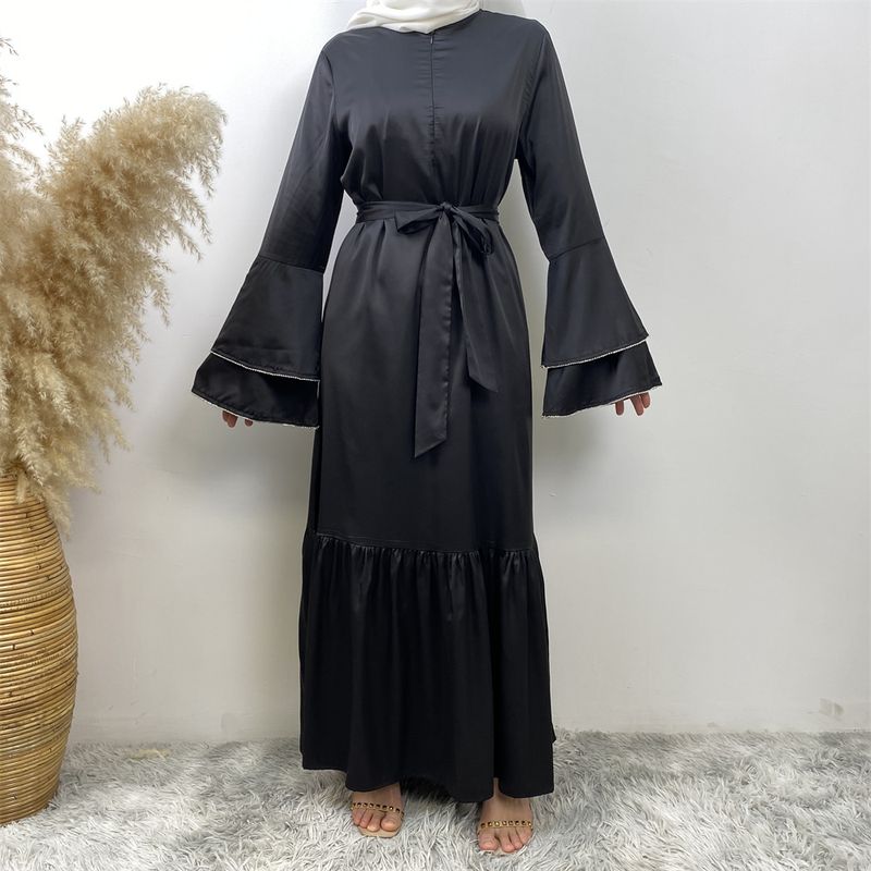 Yeni Saten Müslüman Kadın Elbisesi Çift Çan Kollu Abaya Lüks Dubai Elmas Uzun Elbise Etek Ucu Eklemeli Kaftan Faslı Kadın Zarif_voghion.com