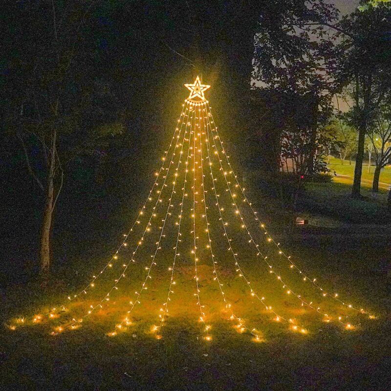 Luci a cascata a LED solari a forma di stella - Decorazioni per alberi di Natale da esterno, luci per feste in giardino con telecomando,_voghion.com