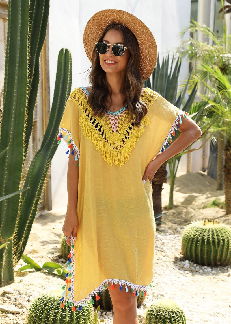 Abito da donna irregolare Patchwork uncinato a mano Frange colorate Sexy aperto sul retro con scollo a V Protezione solare da spiaggia Cover Up Camicia Cover-up_voghion.com