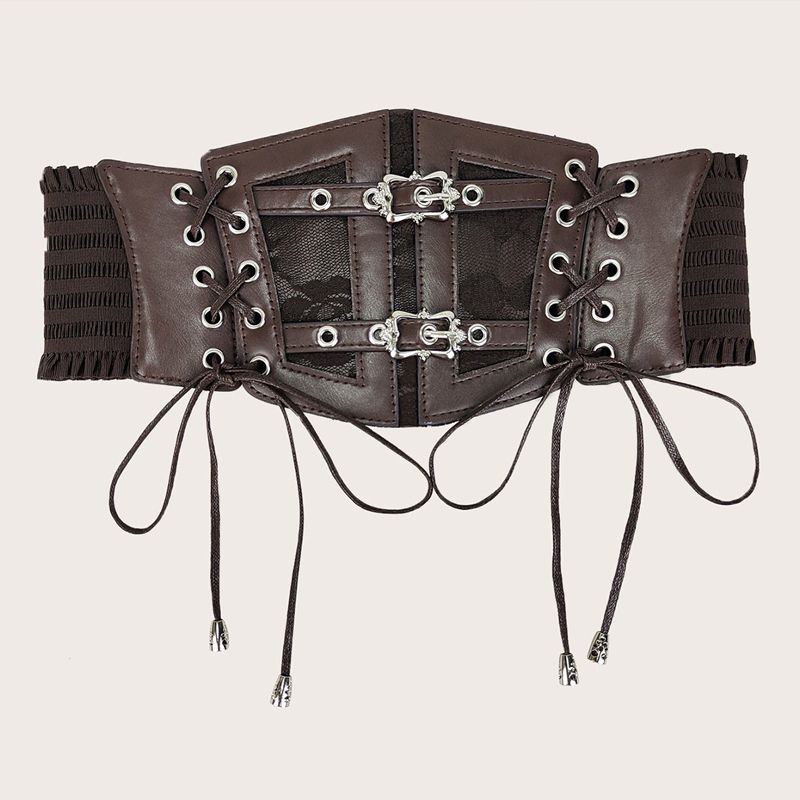 Cinture elastiche in pizzo di grandi dimensioni per le donne, larghe fasce elastiche, cintura da corsetto per abito punk gotico femminile, cintura marrone bianca_voghion.com