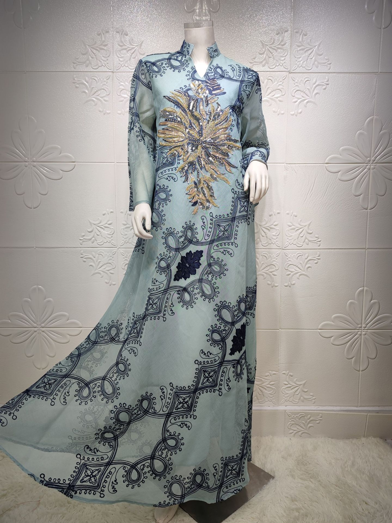 Női ruha, abaya, muszlim etnikai stílusú, gyöngyös, virágos, nagy szoknyájú estélyi ruha_voghion.com