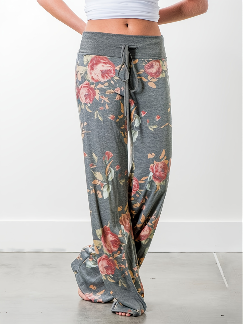 Plus Size Floral Print High Rise Drawstring Long Pants, Women's Plus Slight Stretch Loose Casual Pants_voghion.com