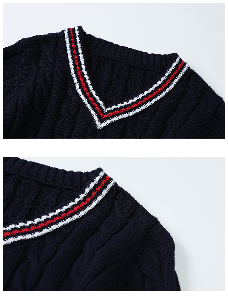 Otoño suéter para niños hilo de algodón ropa de clase Preppy prendas de punto con cuello en V para niños y niñas estudiantes_voghion.com