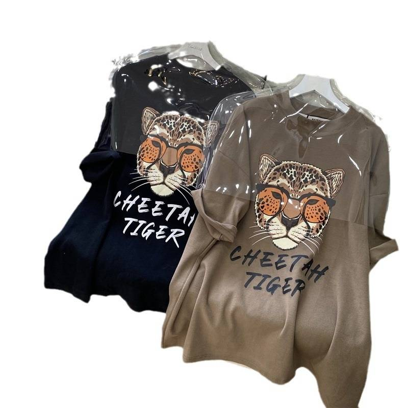Abbigliamento da donna in cotone retrò con stampa a cartoni animati, testa di leopardo, manica corta, maglietta per donna, tendenza Ins, stampa pigra, mezza manica larga_voghion.com