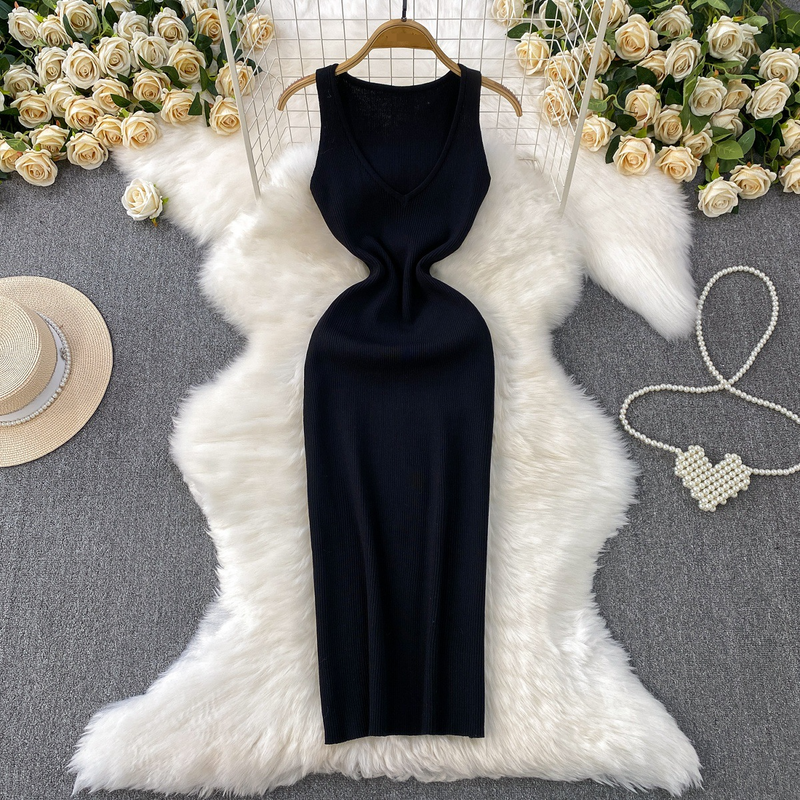 Robe tricotée sexy sans manches à col en V profond pour femme, nouvelle jupe longue d'été à taille élastique et hanches fines_voghion.com