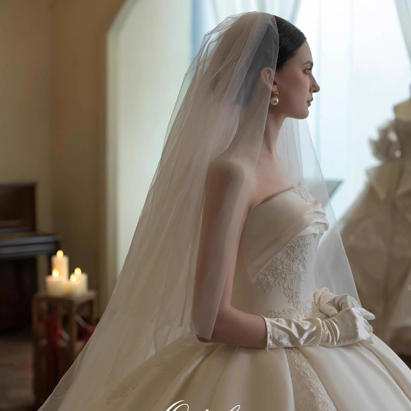 Ropa de mujer Nueva novia Velo principal de satén con cola larga_voghion.com