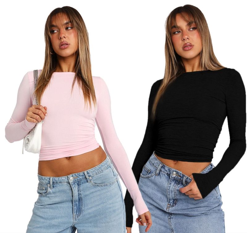 Women's Casual Long Sleeve T-Shirt Set – Slim Fit Round Neck Basic Tee (2-Pack) – Soft Polyester Spandex Blend For Everyday Comfort_voghion.com