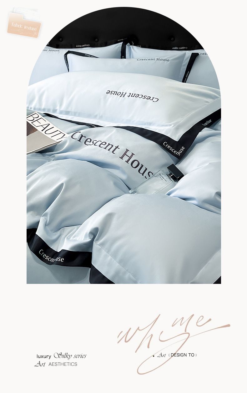Parure de lit en soie lavée - Détails d'angle brodés à la main et soie glacée rafraîchissante (ensemble 4 pièces, drap-housse, housse de couette et taies d'oreiller, taille Queen/King)_voghion.com