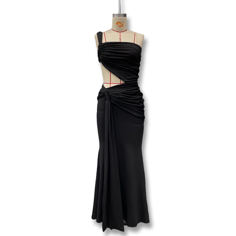 Abito lungo arricciato con lacci, tinta unita, alla moda, con schiena scoperta, monospalla, estivo 2025_voghion.com