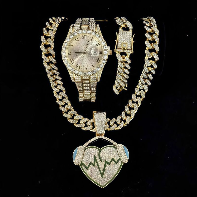 Orologio da uomo Hip Hop Bling Cuban Link con dettagli in diamanti e funzione calendario - Orologio al quarzo in lega di acciaio inossidabile color oro/argento per lavoro_voghion.com