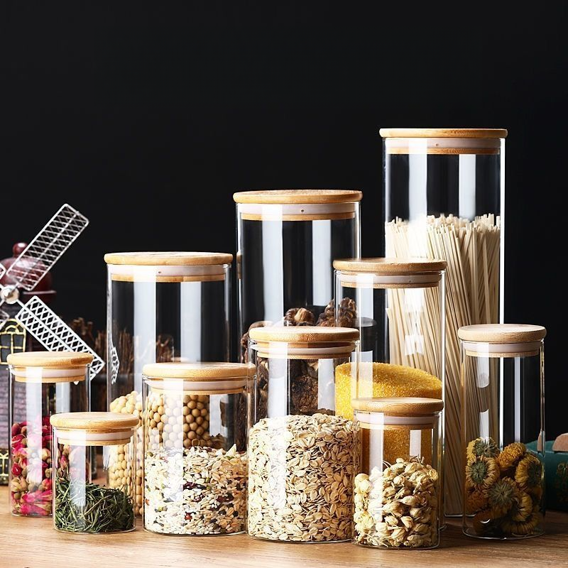 Tea Canister Sealed Container Grain Storage Jar Transparent Glass Bottle Set_voghion.com