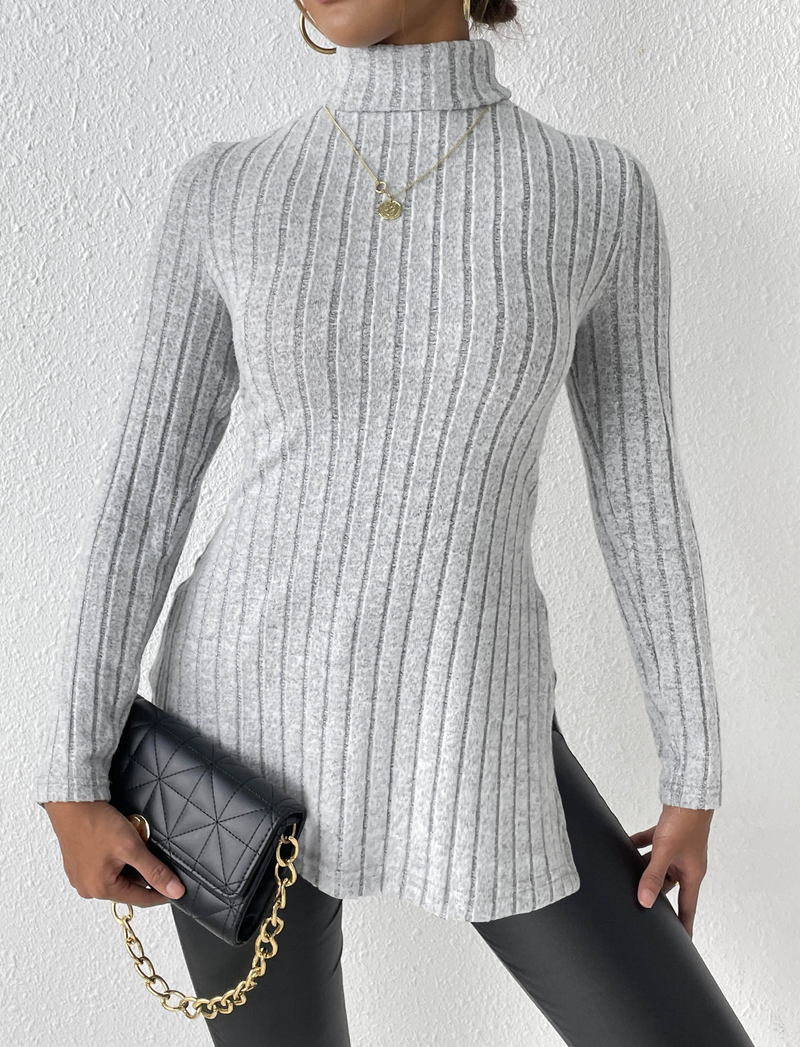 Women's turtleneck pullover slit slim-fit base pit striped medium length_voghion.com