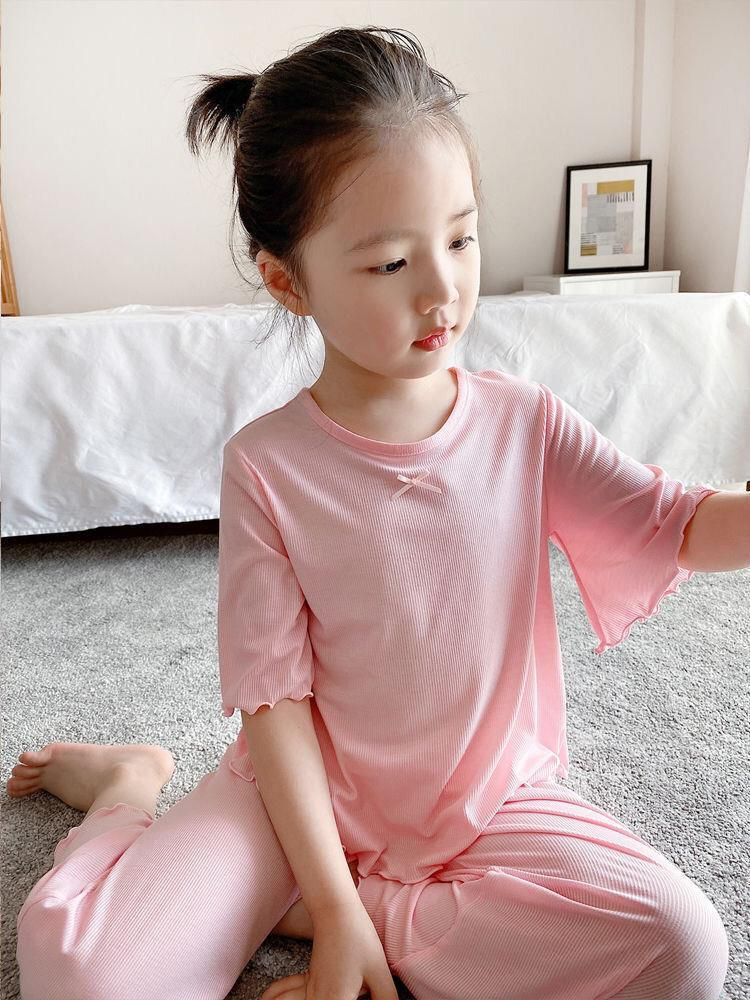 Ropa de bebé Conjunto de pijama de seda de hielo para niñas Ropa de hogar modal fina para niños Ropa de aire acondicionado de verano para niños de tamaño mediano_voghion.com
