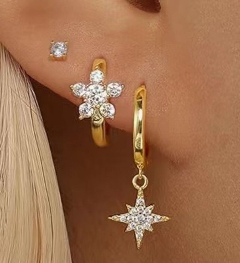 Niche Design Light Style Inlaid Zircon Eight Pointed Star High End Earrings Set_voghion.com