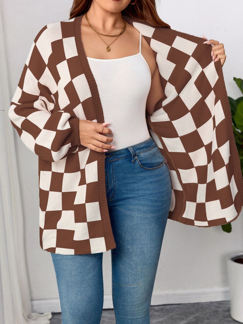 Women's Oversized Checkered Cardigan – Long Sleeve Open Front Sweater In Classic Black & Brown Plaid_voghion.com