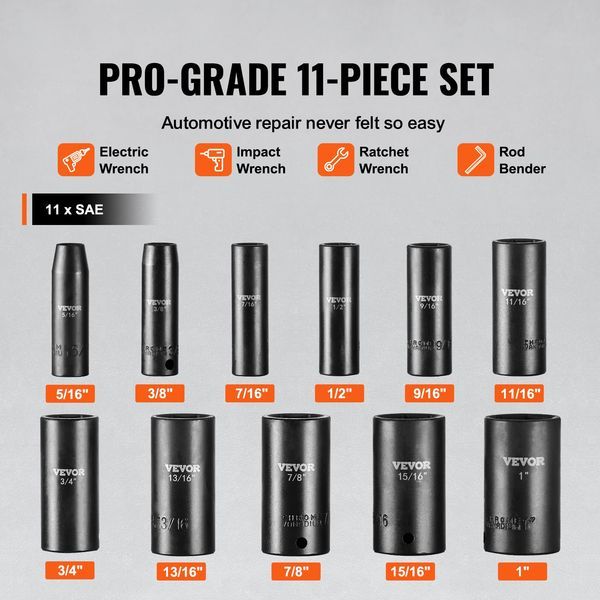 Impact Sockets Set 11pcs 6-Point 3/8in Drive Bit Ratchet Tool Kit Case_voghion.com