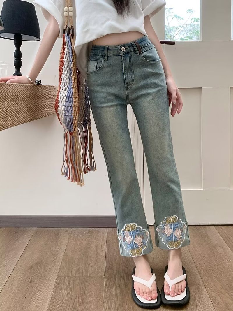 Jeans bordado chinês para mulheres outono novo estilo, pequena estatura, cintura alta, emagrecimento, estilo Hong Kong nove pontos_voghion.com
