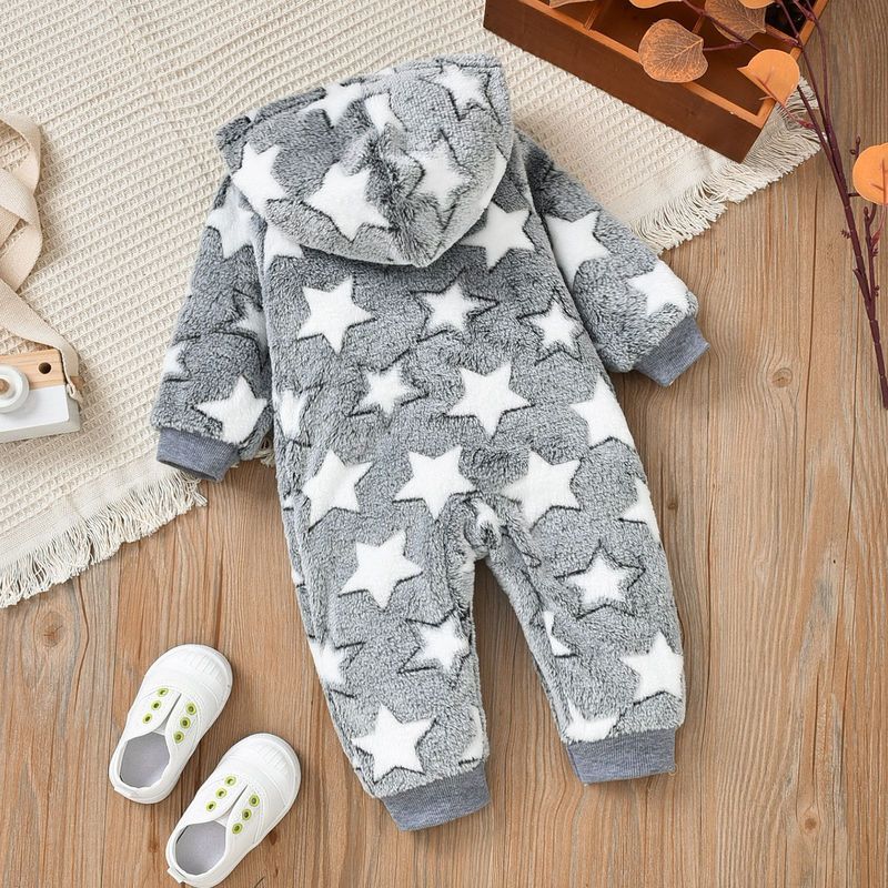 Combinaison polaire à capuche pour bébé Mother & Kids - Douce et chaude, de la naissance à 18 mois (unisexe, gris-blanc)_voghion.com