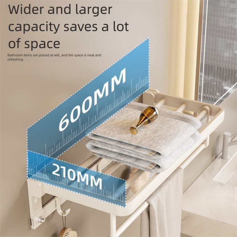Cream Color Space Aluminum No-Drill Bathroom Storage Rack Foldable Towel Bar Organizer_voghion.com