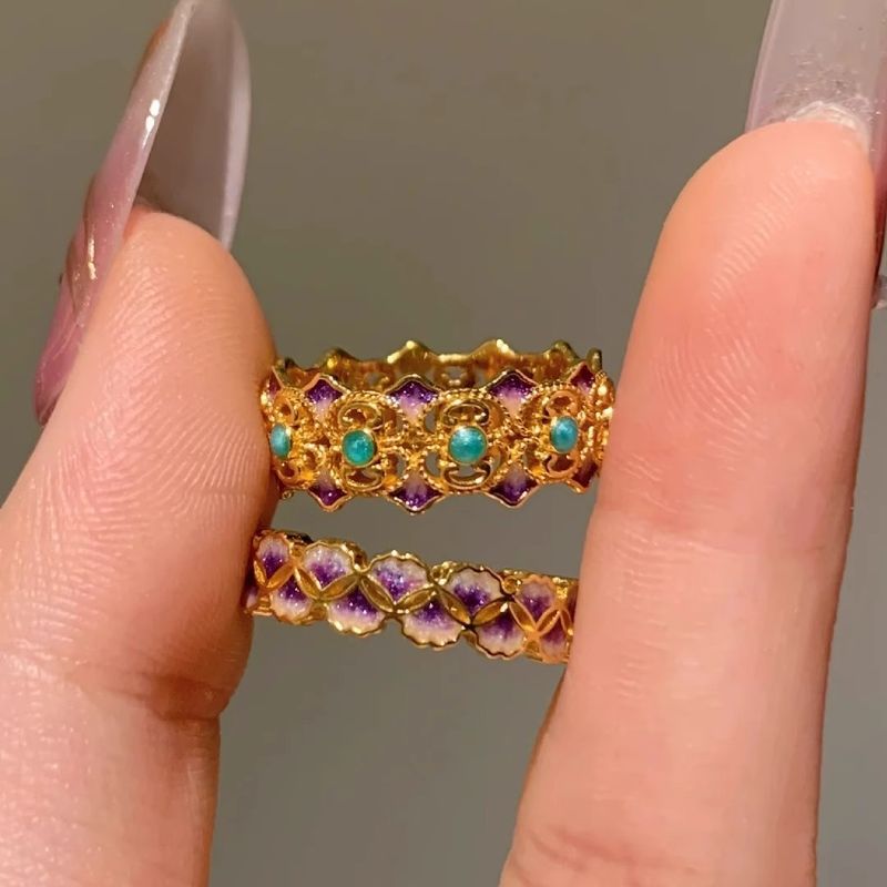 Vintage Mid-Age Apricot Leaf Enamel Hollow National Color Female New Chinese Style Temperament Index Finger Ring_voghion.com
