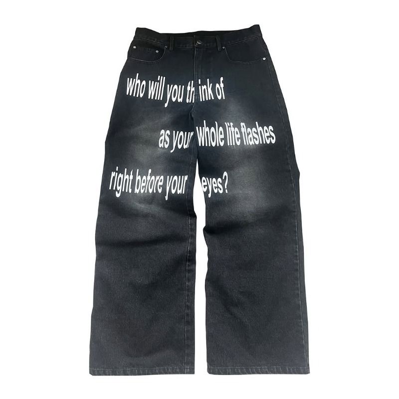 Streetwear Baggy Jeans für Herren – Übergroße High-Waist-Jeans mit Grafikprint (Hip-Hop-Style, Straight-Leg, Baumwolle, Blau/Schwarz)_voghion.com