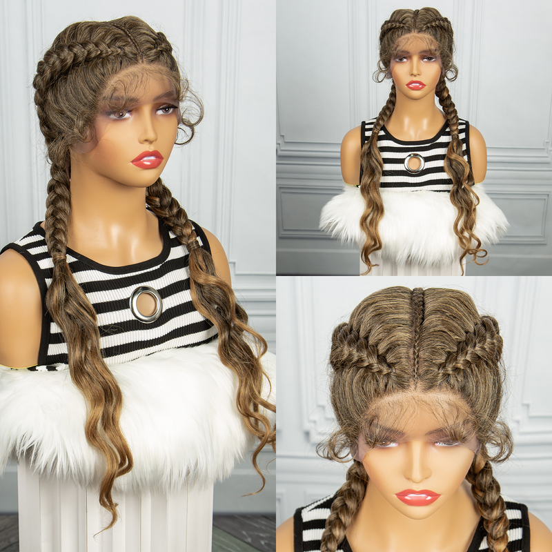 13*1 cabeza trenzada de encaje frontal con peluca 180% de densidad larga tejida a mano peluca trenzada de 3 hebras cola pequeña forma de rollo moda simple_voghion.com